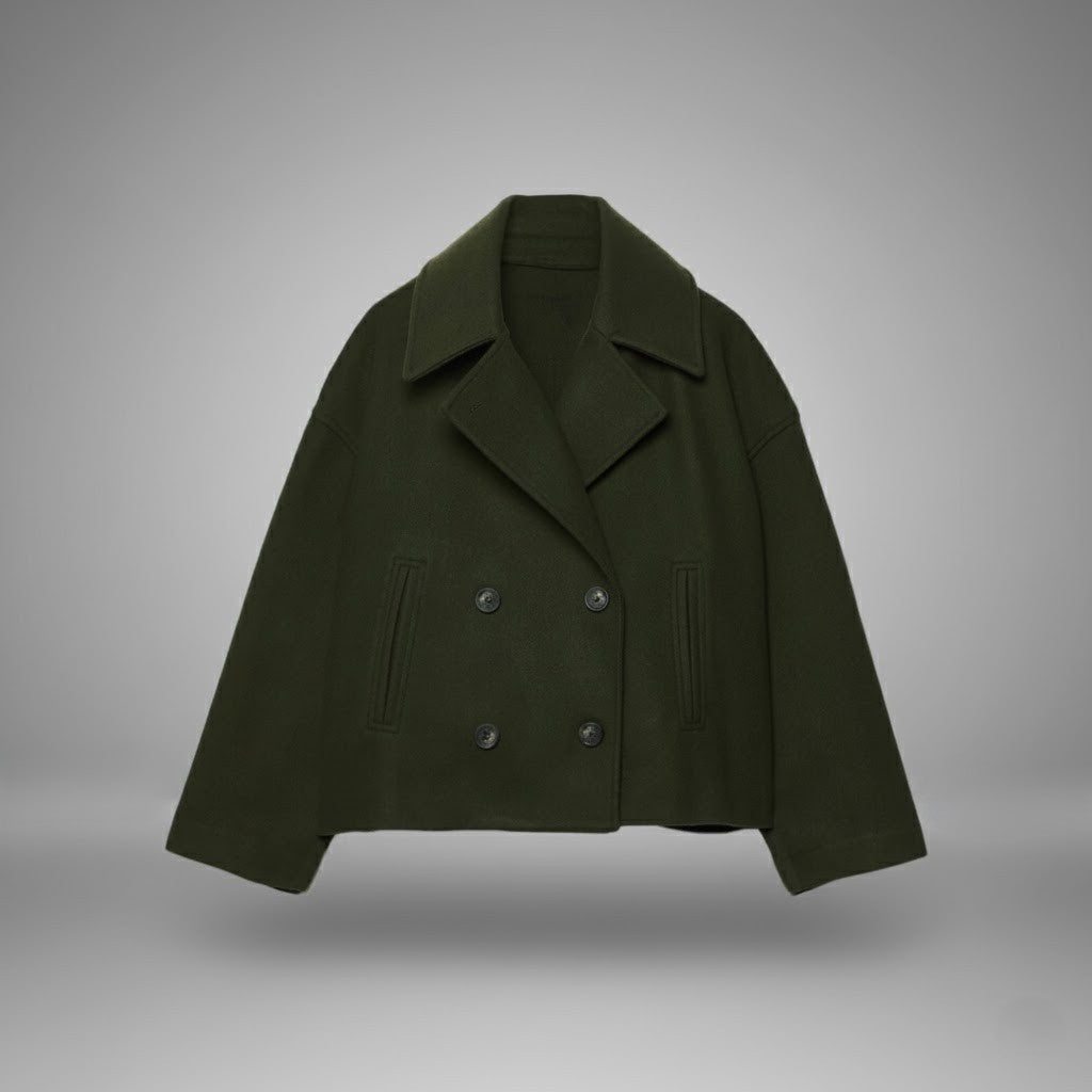 Stylish black women's short jacket with elegant double buttons, perfect for classic fashion.