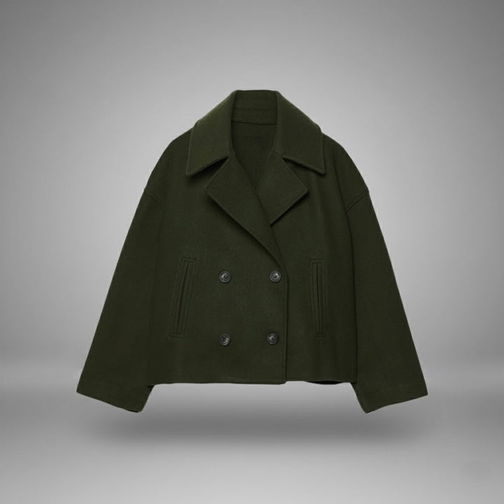 Stylish black women's short jacket with elegant double buttons, perfect for classic fashion.