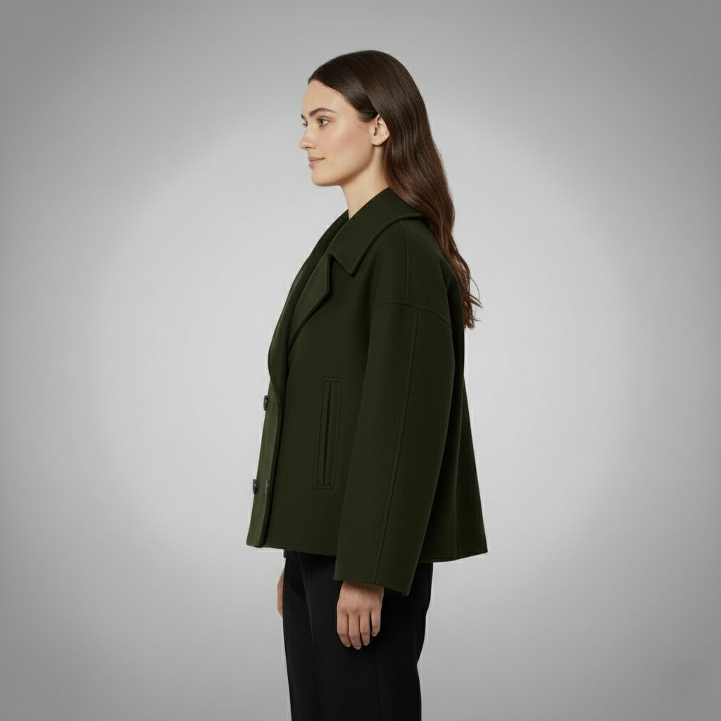 A versatile women's cropped jacket with a double-button closure and classic silhouette.