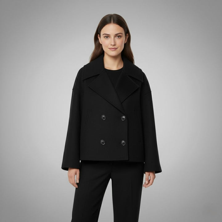 Classic women's outerwear: a cropped jacket with a stylish double-button closure.