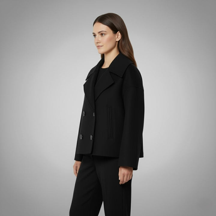 Versatile women's cropped jacket, showcasing a refined double-button front and classic style.