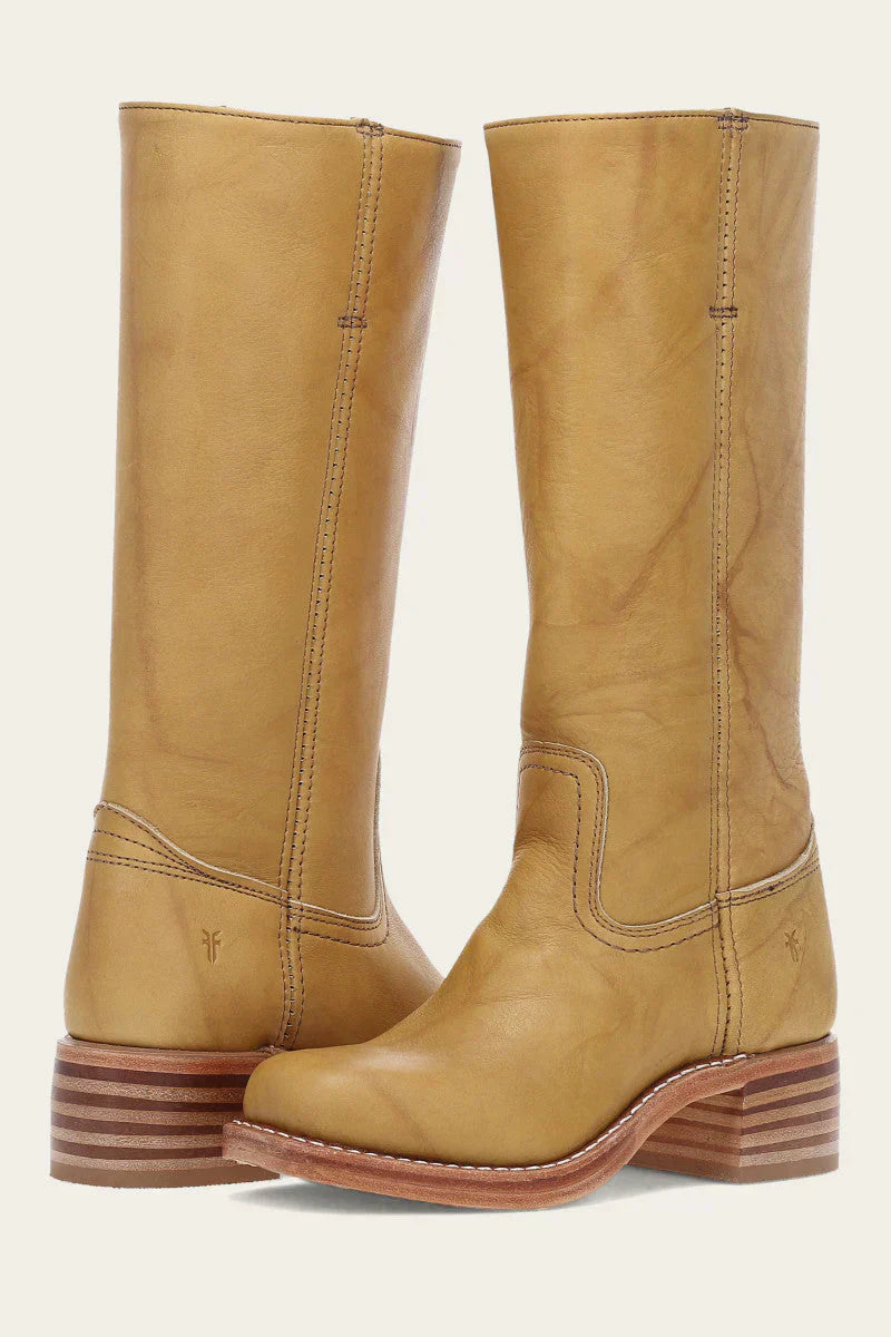Women's classic tan leather western mid-calf boots with intricate stitching, stacked heel, and pointed toe