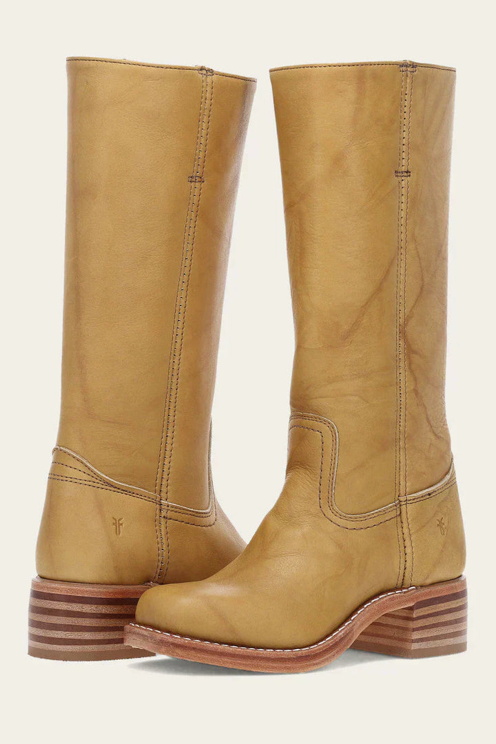 Women's classic tan leather western mid-calf boots with intricate stitching, stacked heel, and pointed toe