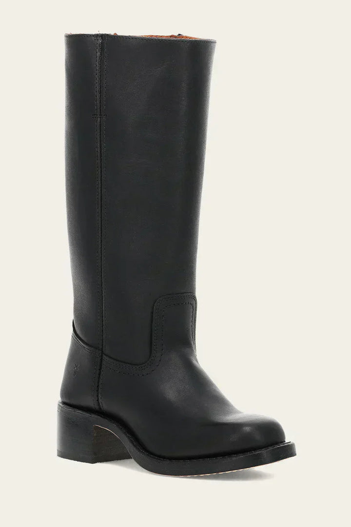 Back view of women's tan leather mid-calf western boots, highlighting the quality craftsmanship and heel build