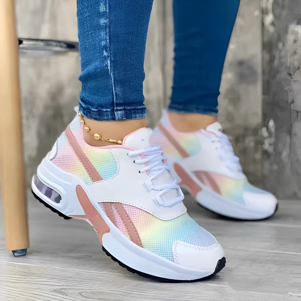 Rainbow platform Cloud-Comfort women's athletic sneakers. Fashion-forward casual footwear for active women.
