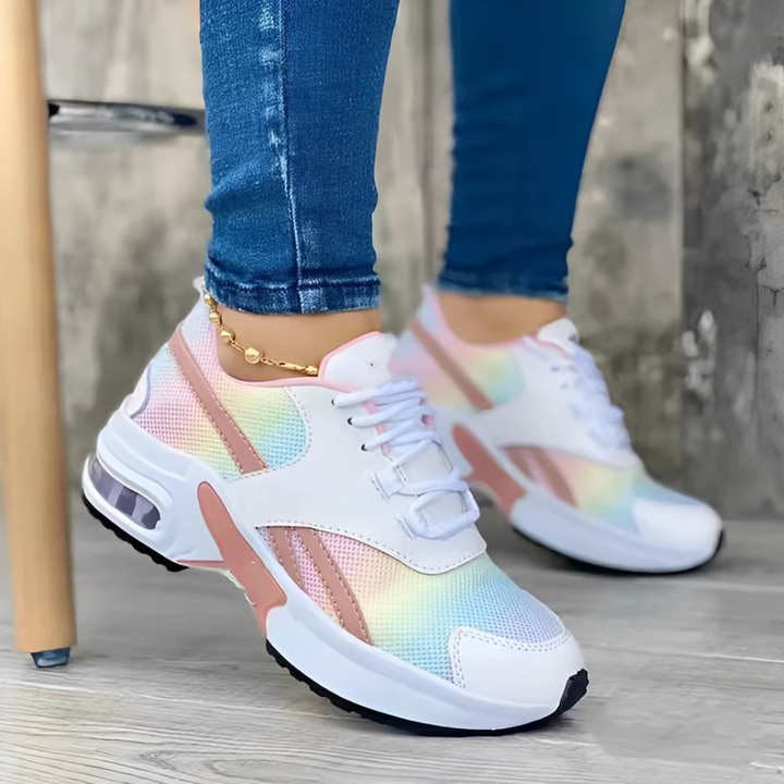 Rainbow platform Cloud-Comfort women's athletic sneakers. Fashion-forward casual footwear for active women.