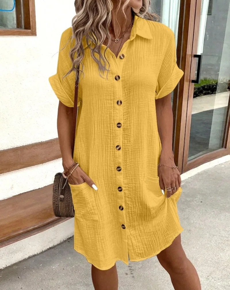 Versatile women's short sleeve button-down dress. Collared mini shirt dress, perfect for casual day or summer.