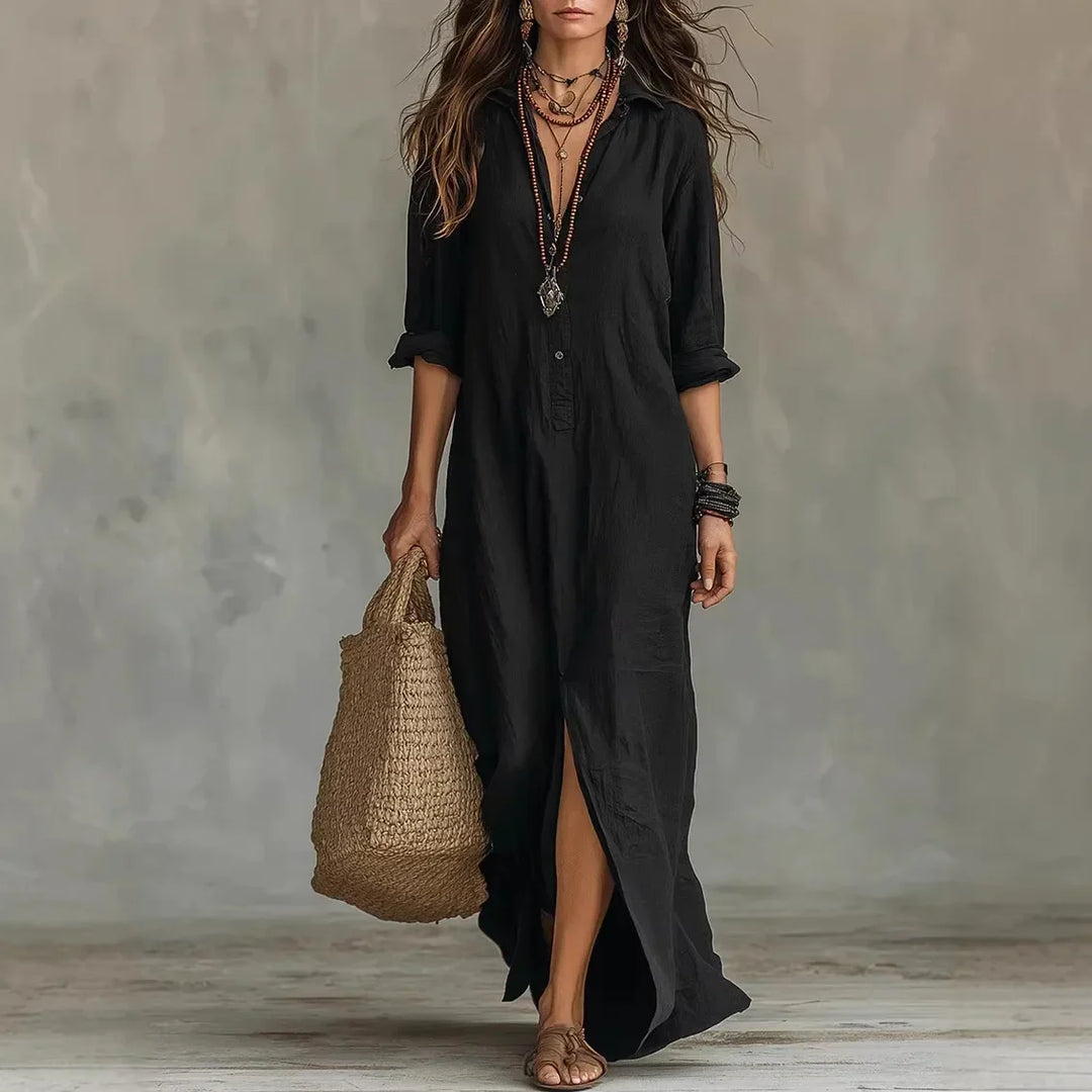 Relaxed fit women's maxi dress with a chic collar, button-down front, and trendy split hem for vacation.