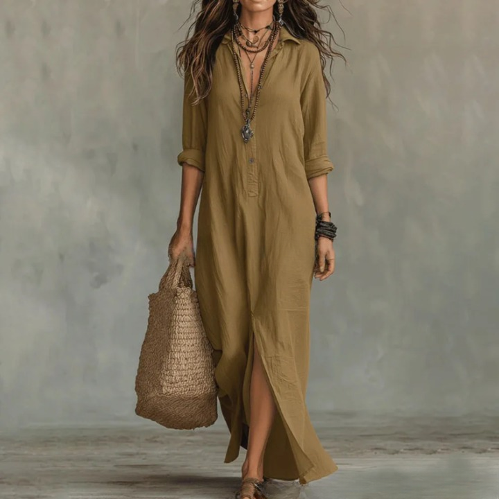 Full-length women's button-down collared maxi dress with a side split hem, designed for comfort & summer style.