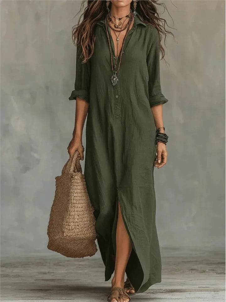 Elegant yet casual women's collared maxi dress, featuring a button front, relaxed fit, and fashionable split hem.