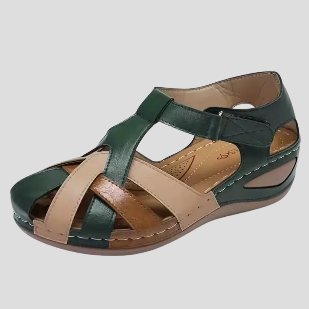 Fashionable women's multi-colored closed toe sandals, perfect for spring footwear and everyday casual wear.