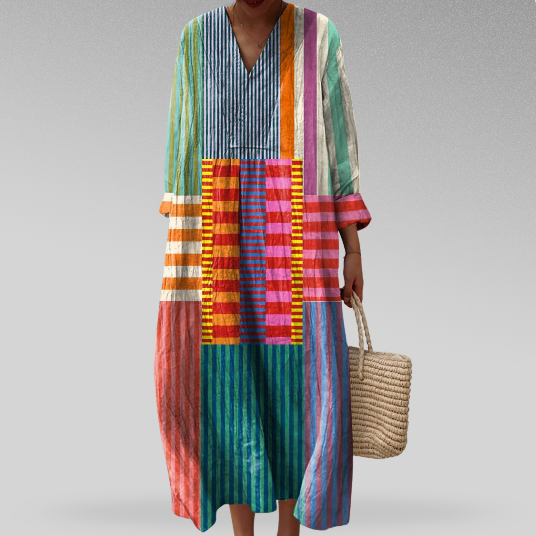 Women's colorblock stripe oversized maxi dress with V-neck, ideal for casual summer, resort, or vacation wear.