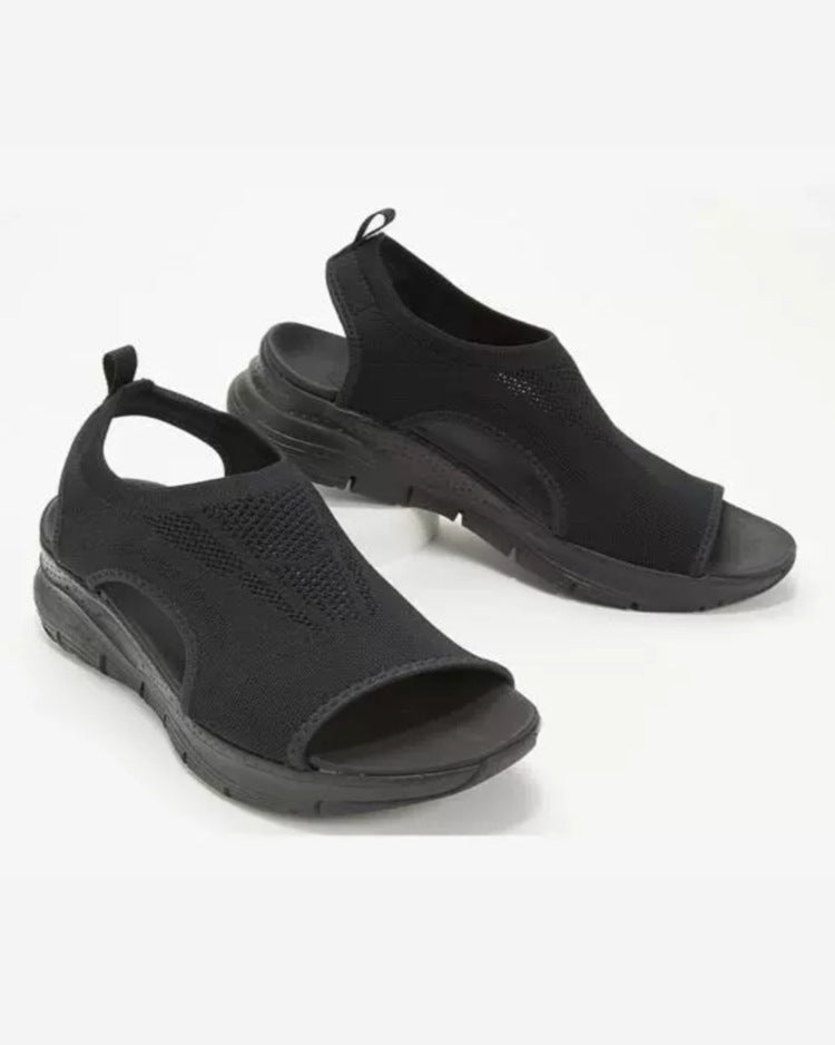 Close-up of a women's open-toe sandal, highlighting its comfortable design and casual style.