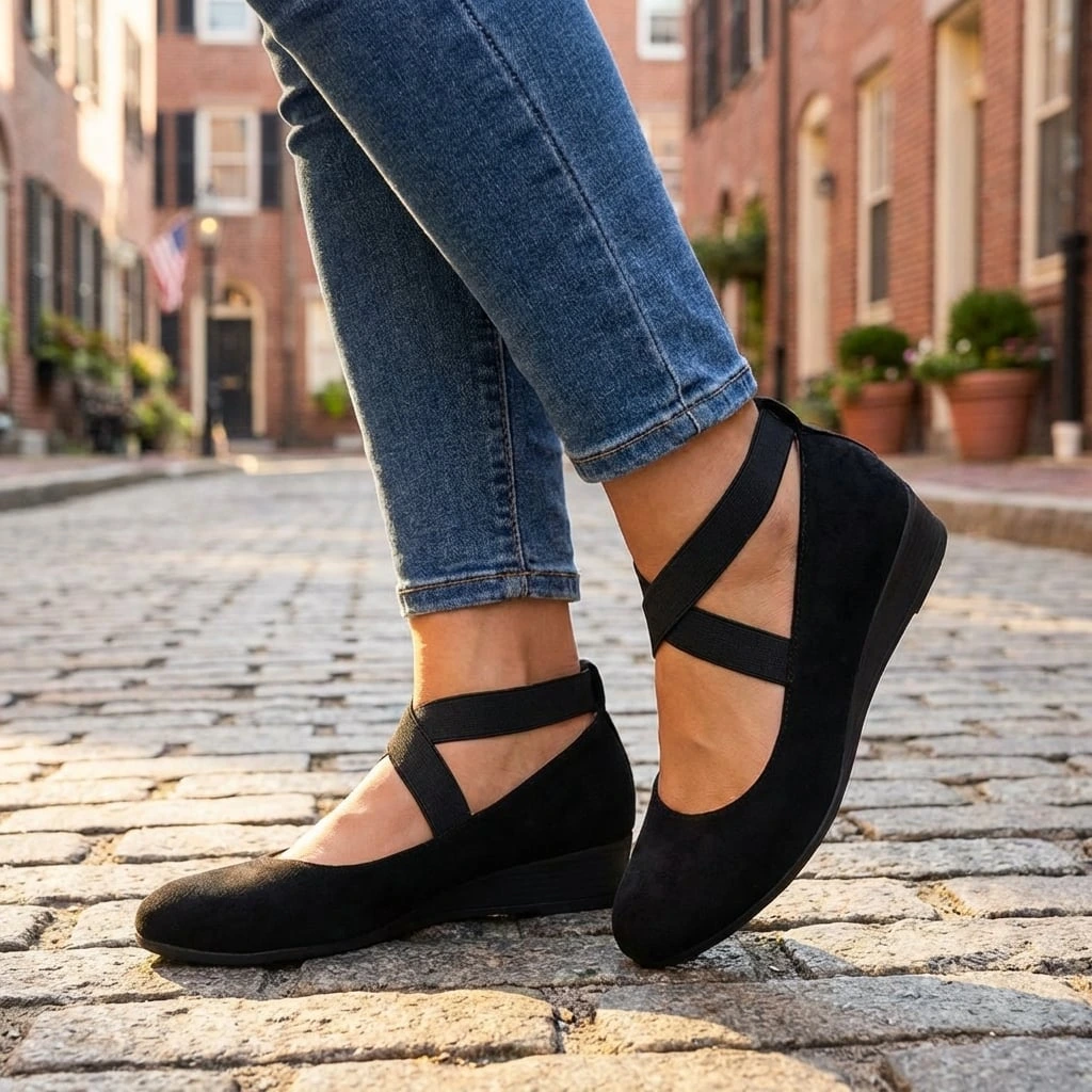 Elegant women's closed-toe wedge sandals featuring chic crossover elastic straps; perfect for dress or casual outfits.