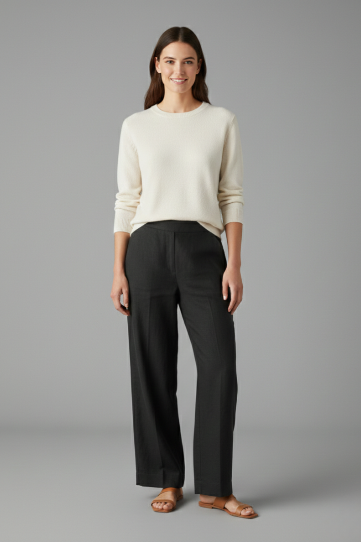 Close-up of comfortable elastic waist on women's versatile straight leg pull-on trousers.