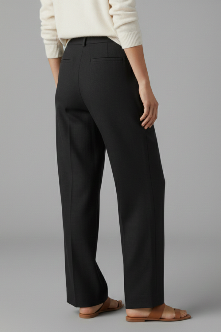 Women's straight leg pull-on trousers featuring practical side pockets and comfortable elastic waist.