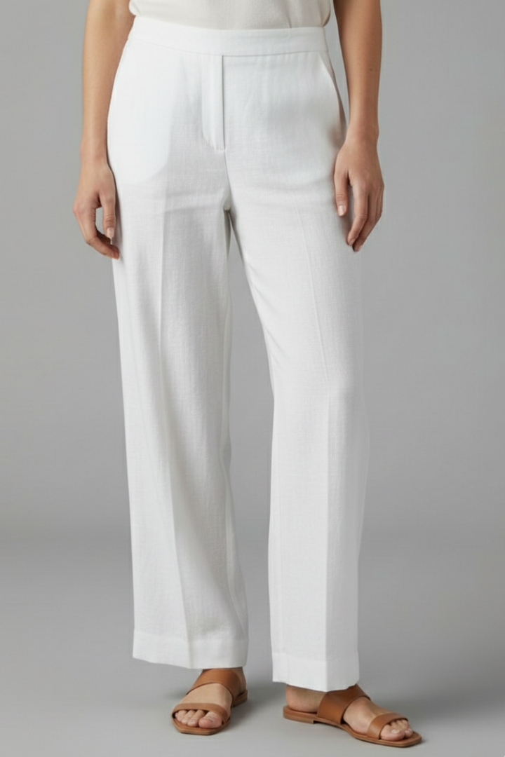 Back view of women's comfortable full length straight leg trousers with elastic waist detail.