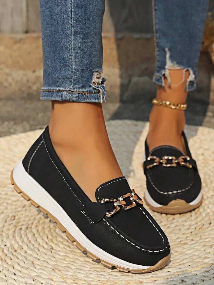 Elegant women's slip-on loafers featuring orthopedic arch support and non-slip sole.