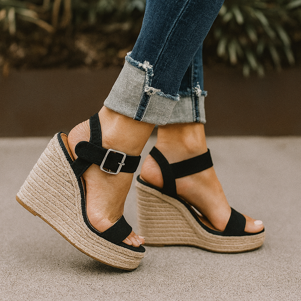 Close-up of black open-toe wedge sandals, perfect for spring fashion and everyday comfort