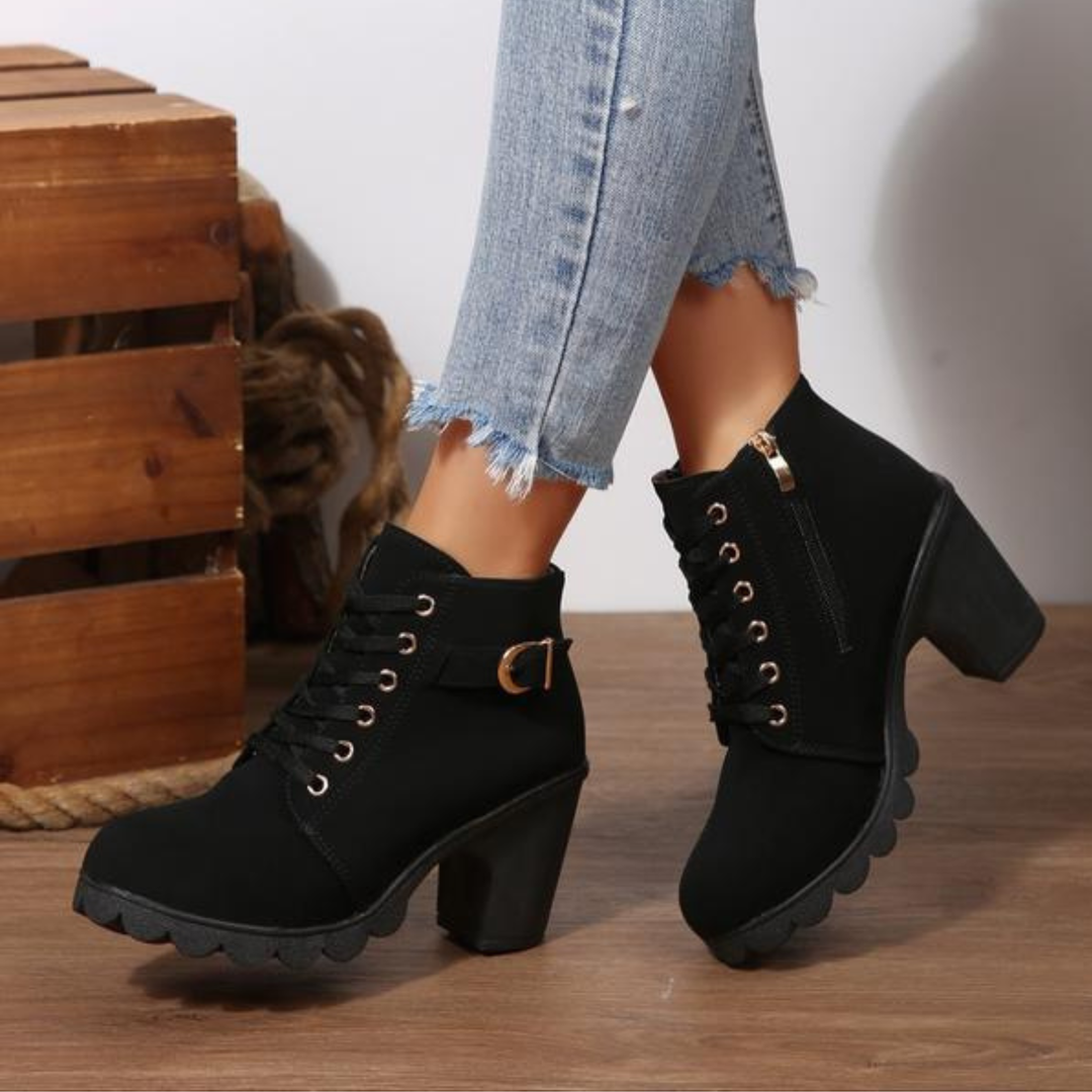 Women's comfortable orthopedic ankle boots with arch support, lace-up front, and sturdy block heel for winter.