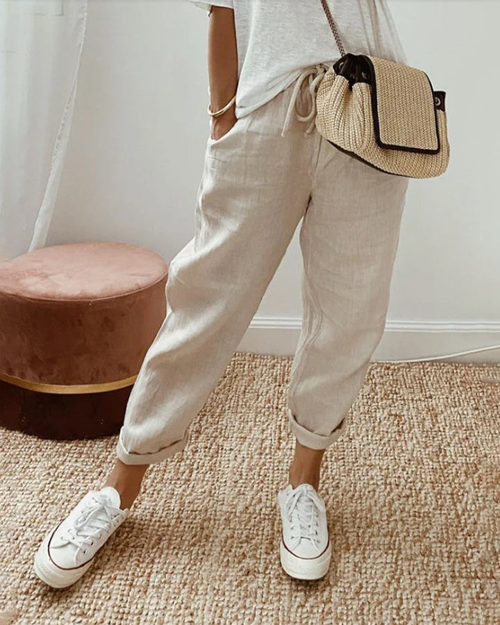 Lightweight women's summer lounge pants with drawstring, perfect for beachwear & everyday relaxed fit.