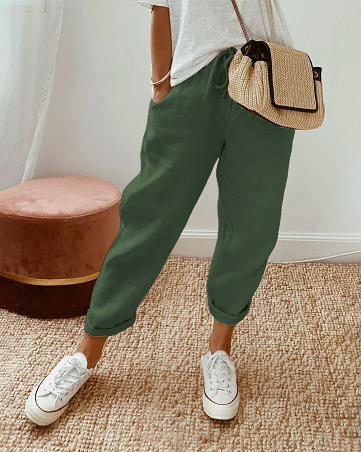 Fashionable women's relaxed summer pants featuring a comfortable drawstring waist for warm weather style.