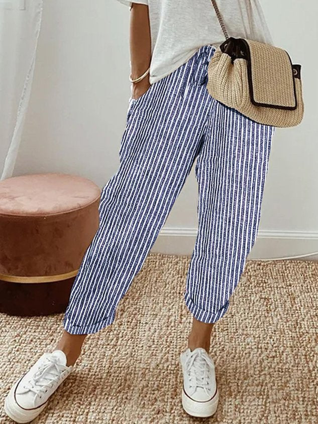 Casual women's warm weather pants with comfy drawstring and relaxed silhouette, perfect for summer.