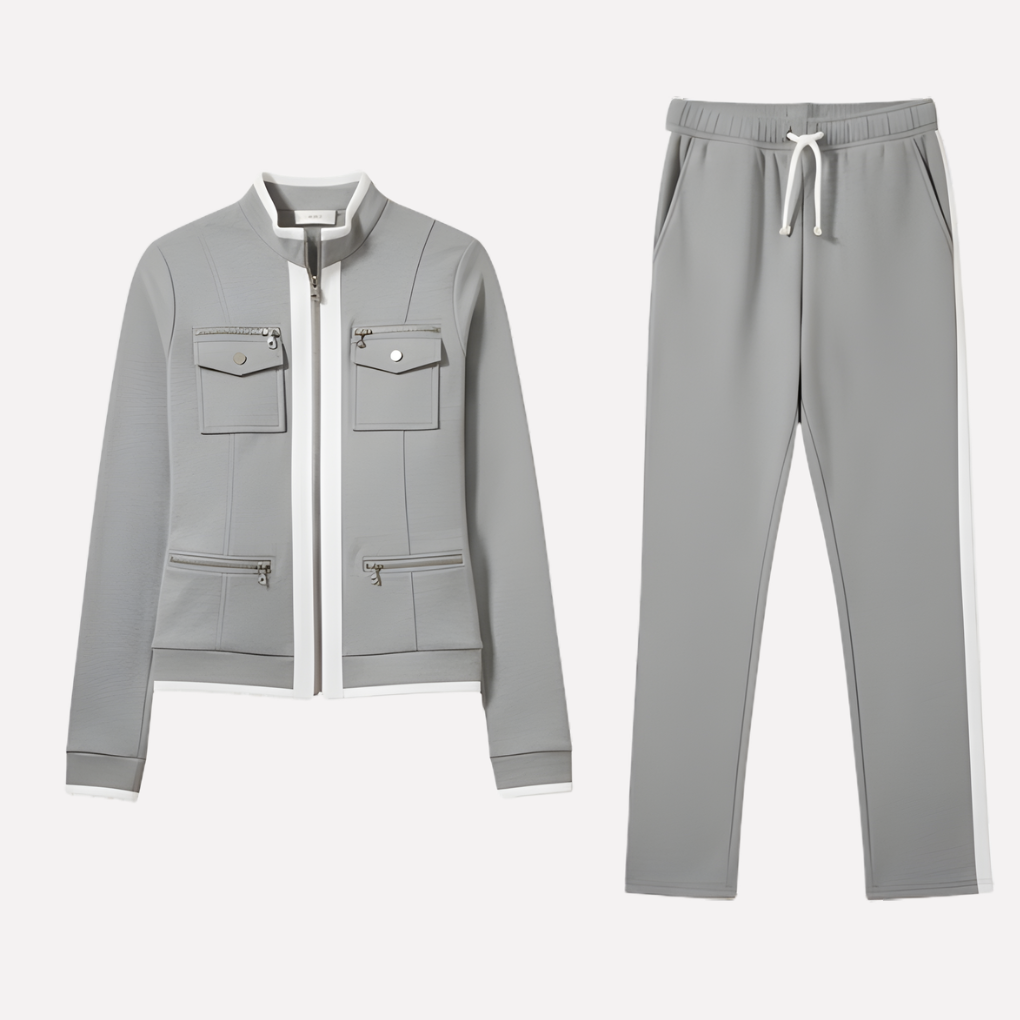 Women's contrast trim zip jacket and pant set. Comfortable two-piece activewear for sporty casual style.