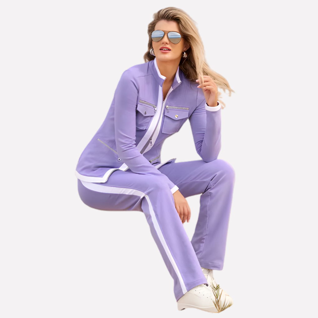 Casual women's lounge wear set with contrast trim zip jacket & matching pants. Comfortable everyday fashion.