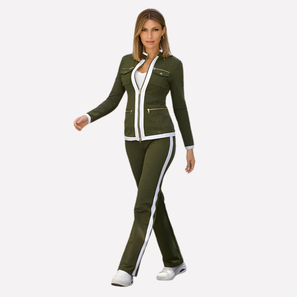 Sporty women's activewear set: zip-up jacket with contrast trim & comfy pants. Perfect for workouts or errands.