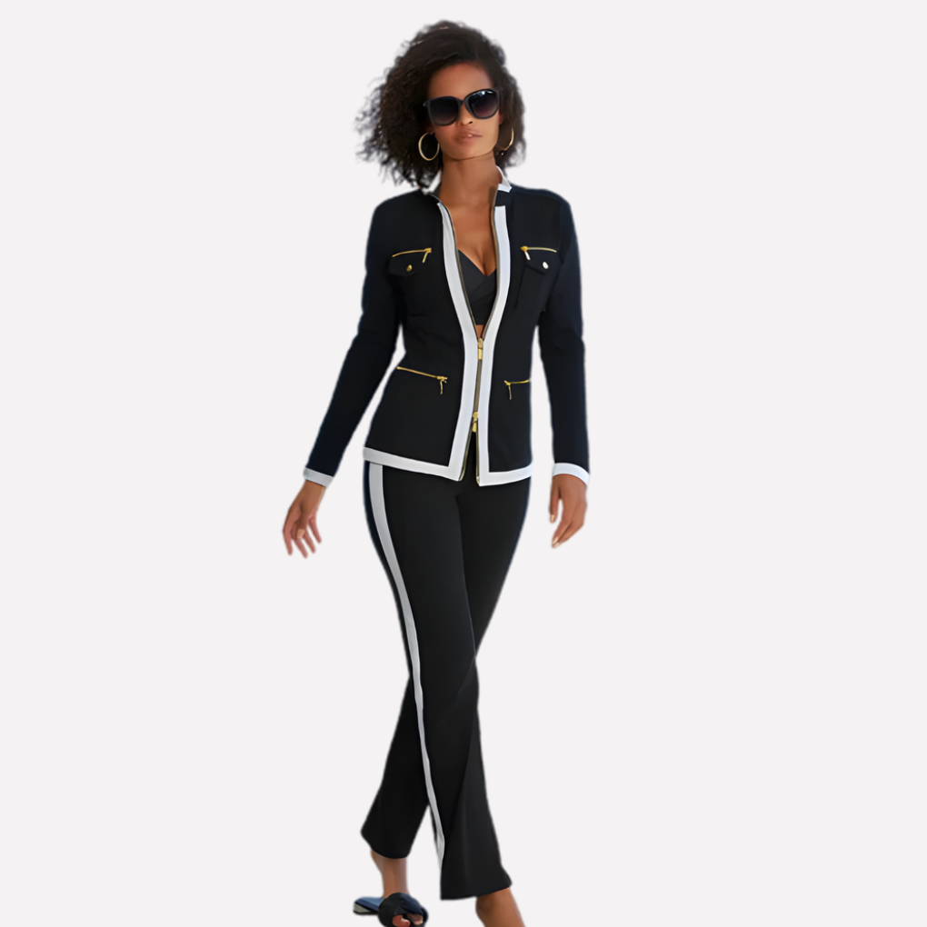 Comfortable women's jacket & pant set with contrast trim. Versatile two-piece for lounge, active, or everyday.