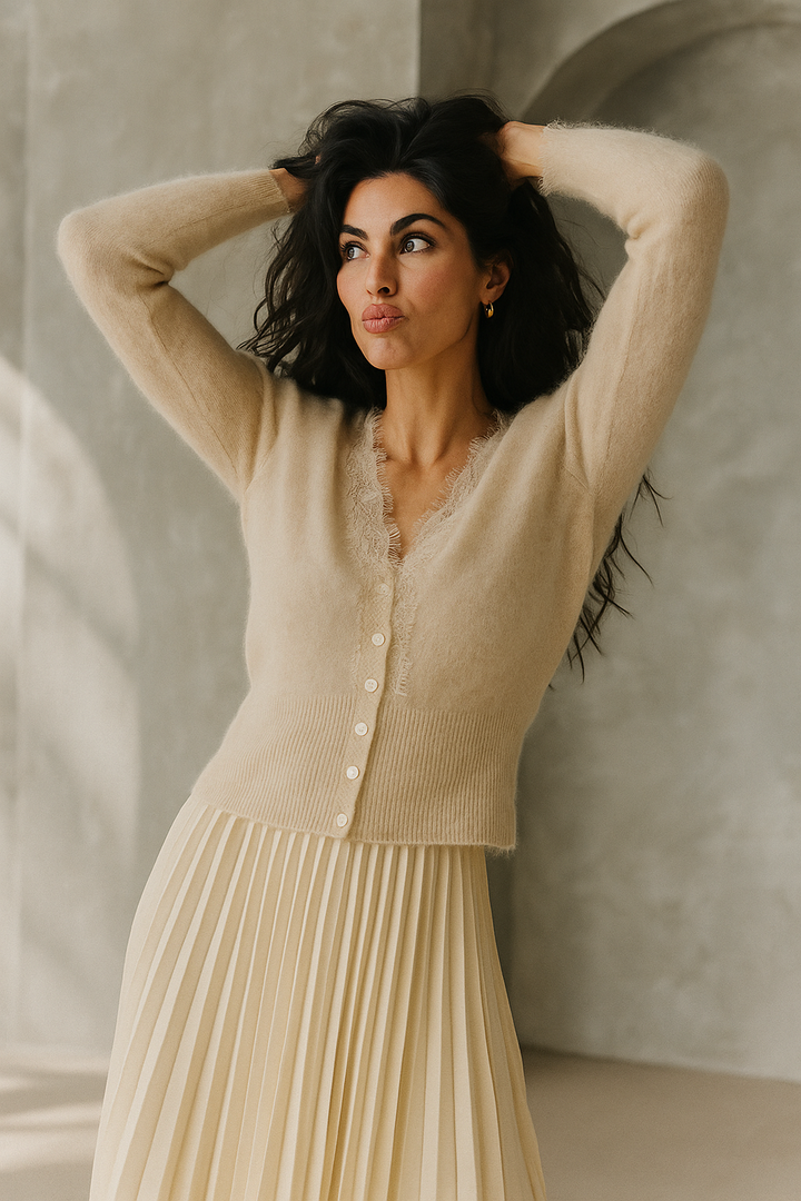 Women's Cortona Lace Cashmere Cardigan in light beige, an elegant soft knit layering piece.