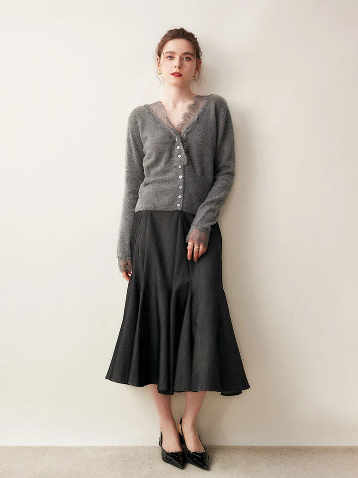 Front open view of the Cortona Lace Cashmere Cardigan, an elegant and soft knit.