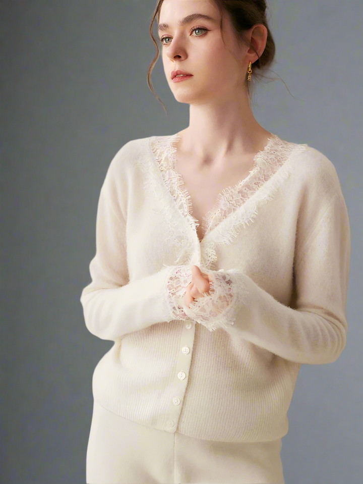 Women's knitwear: Cortona Lace Cashmere Cardigan for luxurious comfort and style.