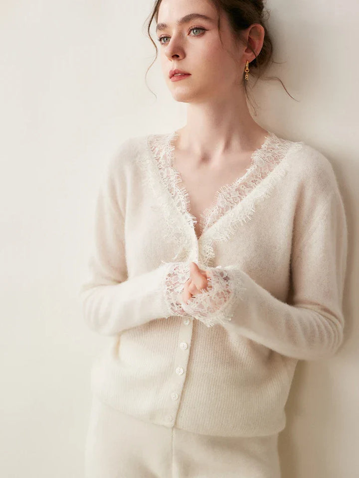 Cashmere cardigan in Cortona style, featuring delicate lace for elegant women's apparel.