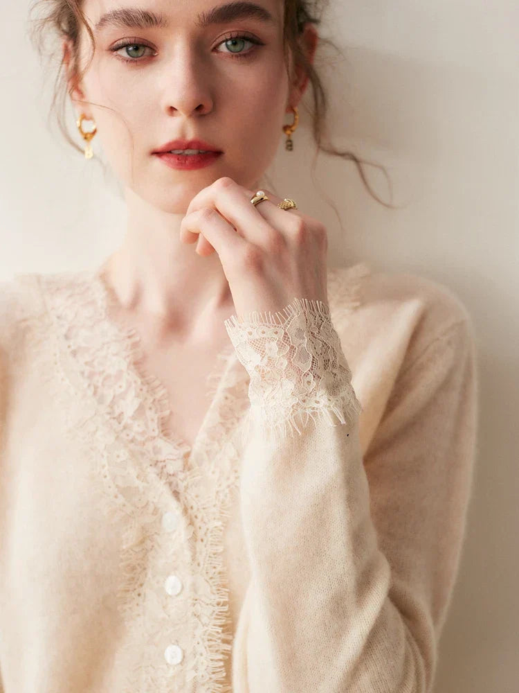 Close-up of the lace pattern on the hem of the Cortona Cashmere Cardigan.