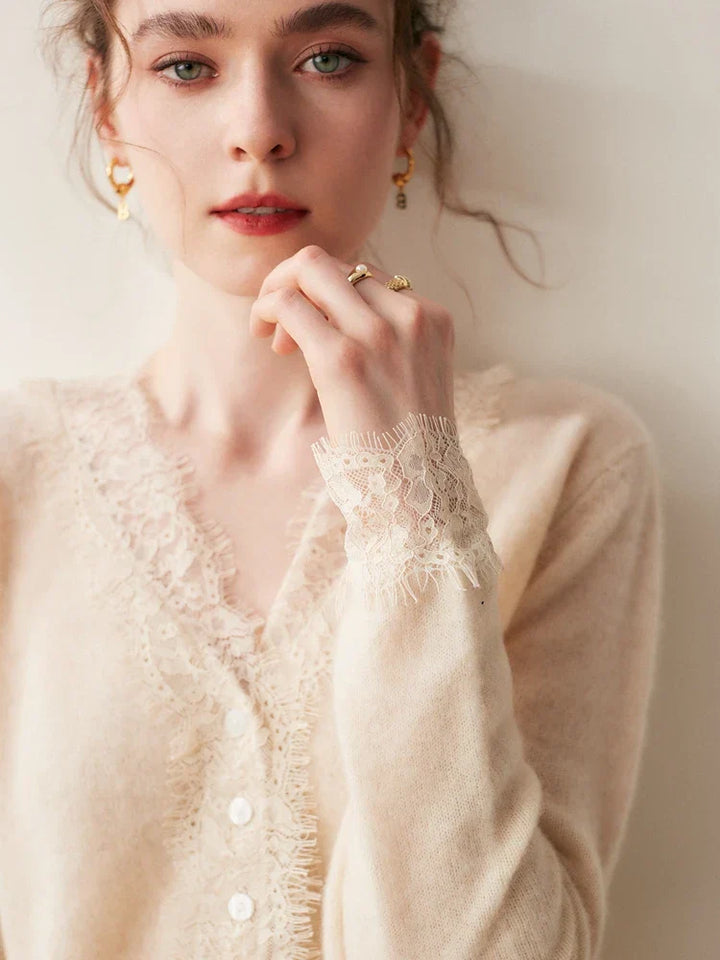 Close-up of the lace pattern on the hem of the Cortona Cashmere Cardigan.