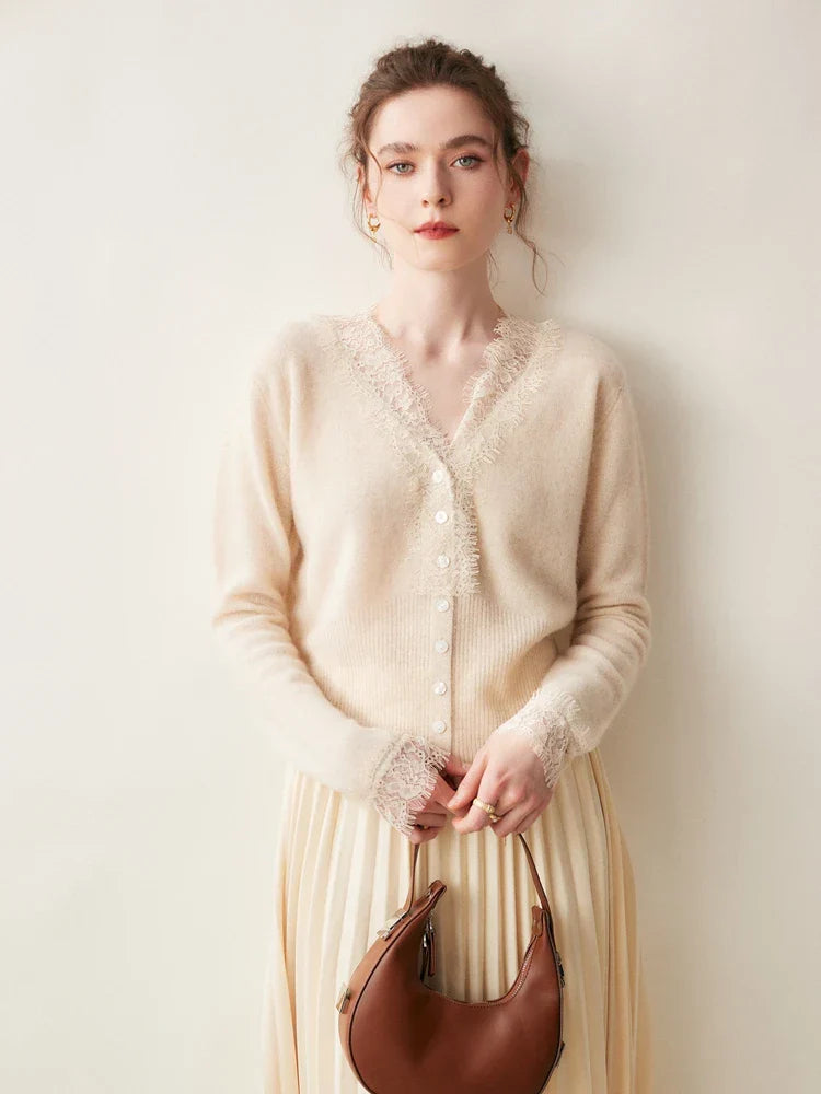 Elegant women's apparel: Cortona Lace Cashmere Cardigan, knitted for supreme comfort.