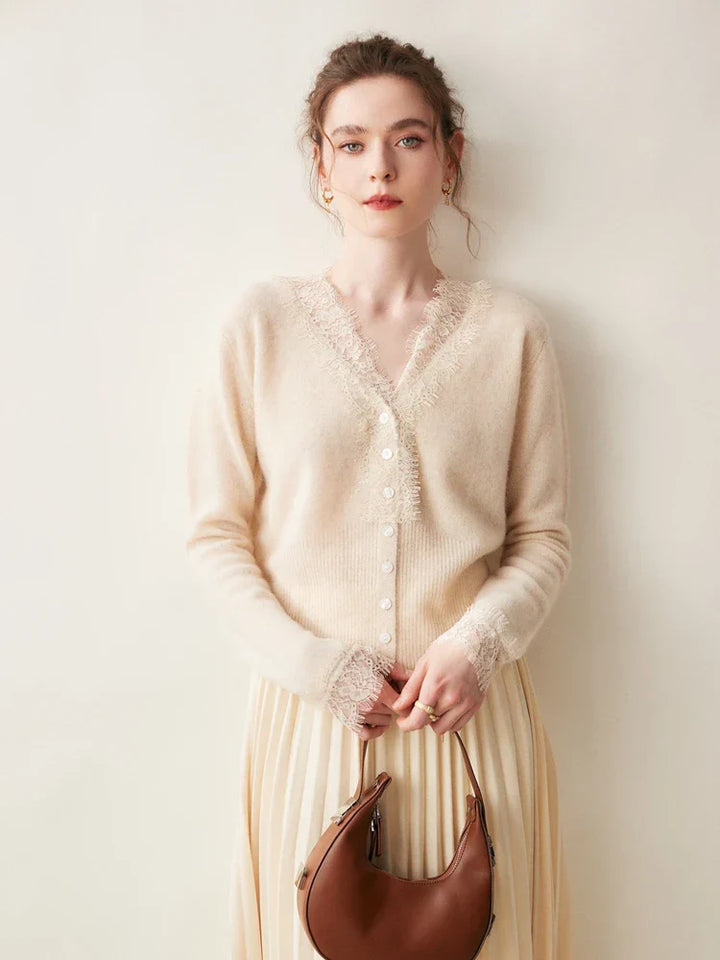 Elegant women's apparel: Cortona Lace Cashmere Cardigan, knitted for supreme comfort.