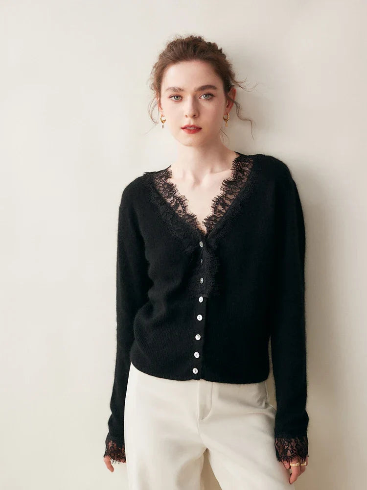 Studio shot of the Cortona Lace Cashmere Cardigan, highlighting its refined design.