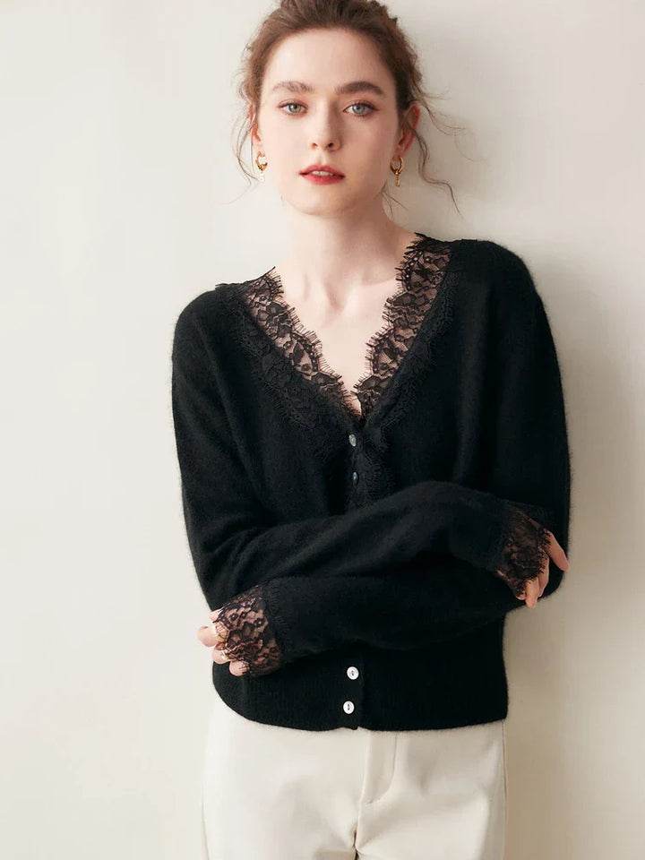 Side profile of the Women's Cortona Cashmere Cardigan, showing its flattering cut.
