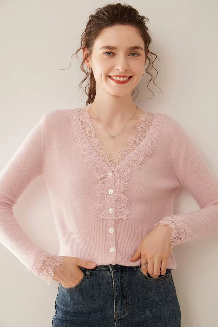 Cortona Lace Cashmere Cardigan, a beautifully crafted soft knit layering piece for women.