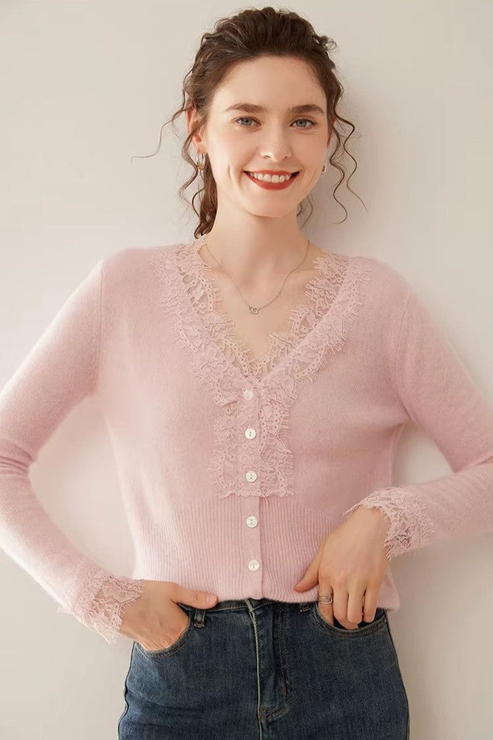 Cortona Lace Cashmere Cardigan, a beautifully crafted soft knit layering piece for women.