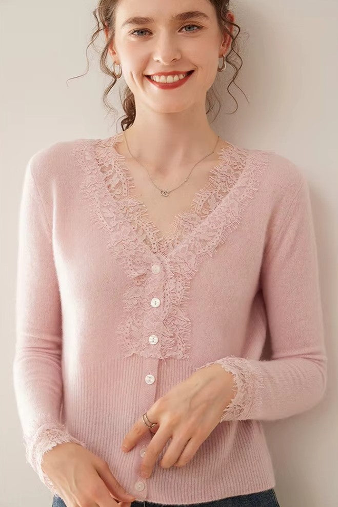 Close-up of the cuffs with lace detail on the Cortona Cashmere Cardigan for women.