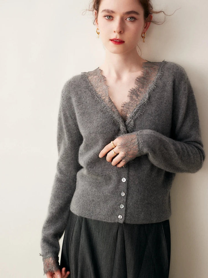Cortona Lace Cashmere Cardigan on a hanger, showcasing its quality knitwear.