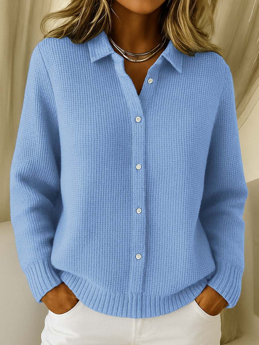 Women's cozy button-front collared sweater, long sleeve knit top for chic casual wear, perfect for fall.