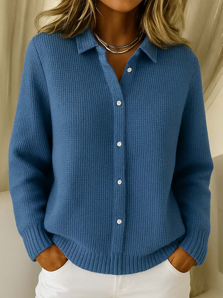 Stylish women's collared knit sweater with button front, ideal long sleeve top for fall and winter fashion.