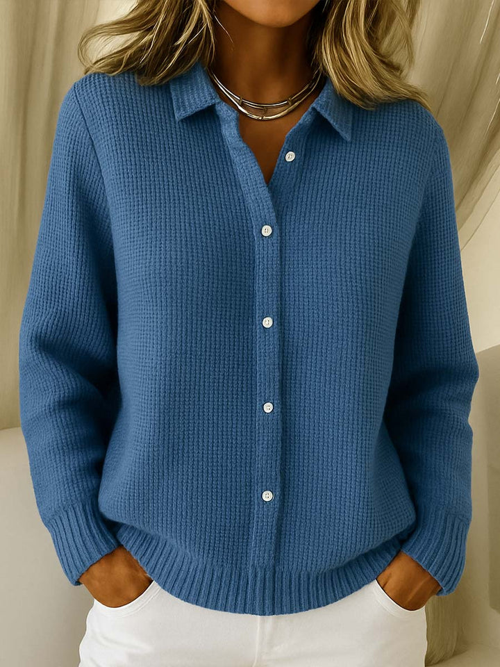 Stylish women's collared knit sweater with button front, ideal long sleeve top for fall and winter fashion.