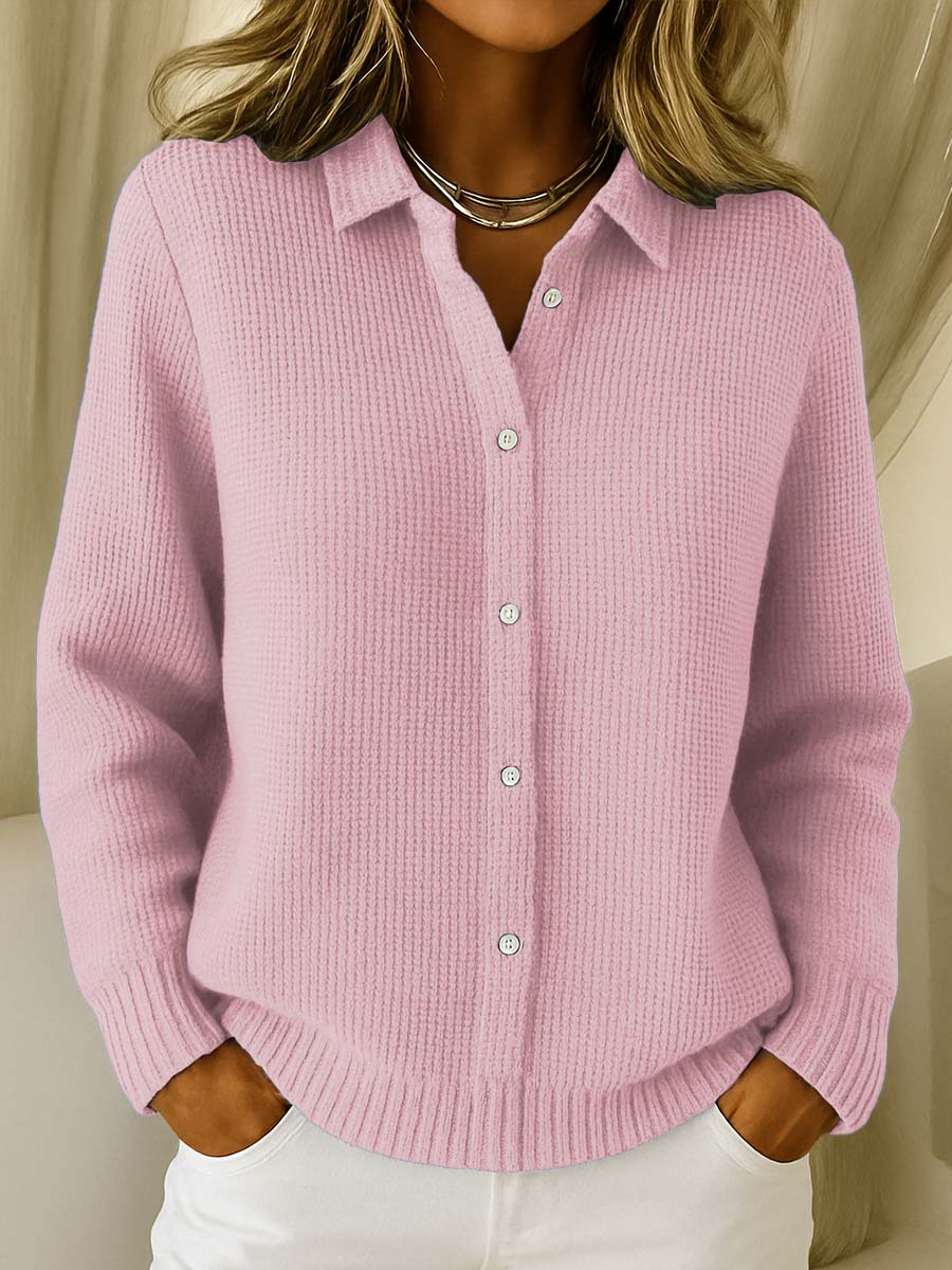 Comfortable women's long sleeve collared sweater with button front, a versatile knit top for everyday casual wear.