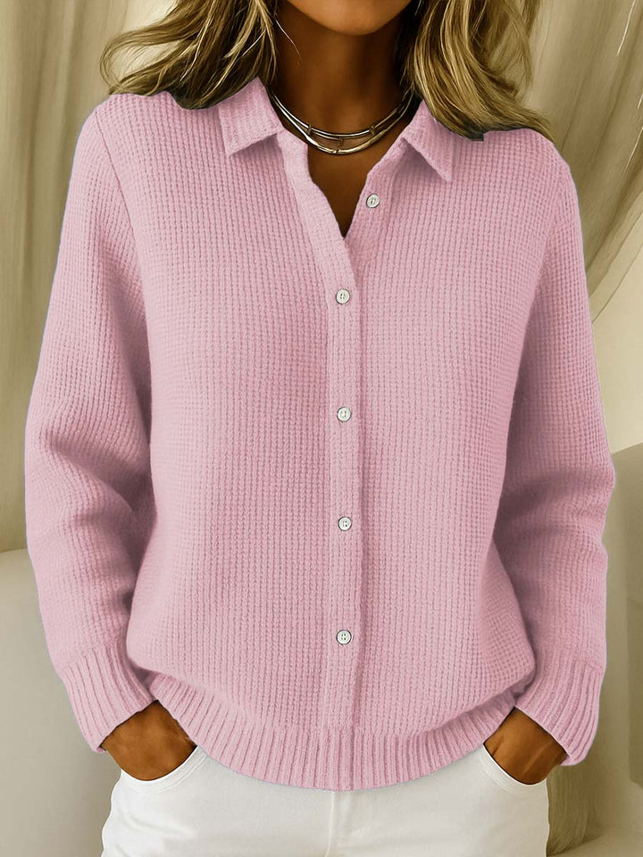 Comfortable women's long sleeve collared sweater with button front, a versatile knit top for everyday casual wear.